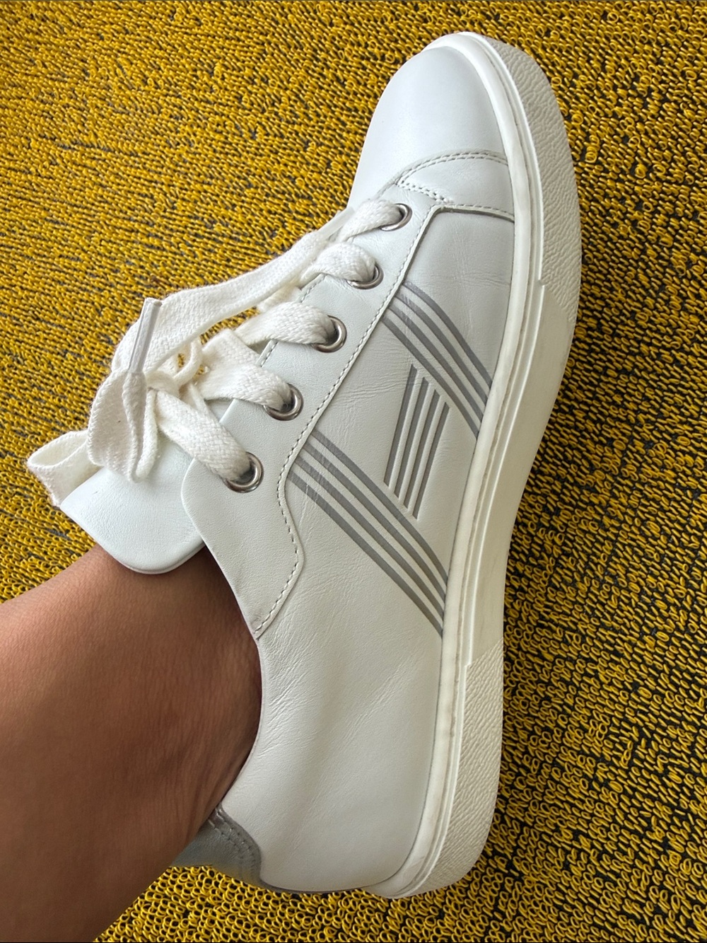 Hermes White Leather Low-Top Sneakers with Silver Stripe Detail